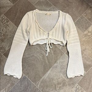 Nova vintage crochet cardigan White Knit V neck Crop tie bottom Top bell sleeves